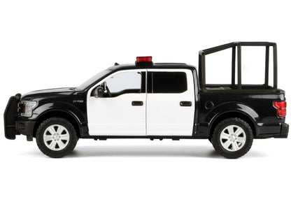 2019 Ford F-150 Lariat Crew Cab Pickup Truck with Bed Cage Black and White with Flashing Light Bar and Front and Rear Lights and Sounds 1/24-1/27 Diecast Model Car
