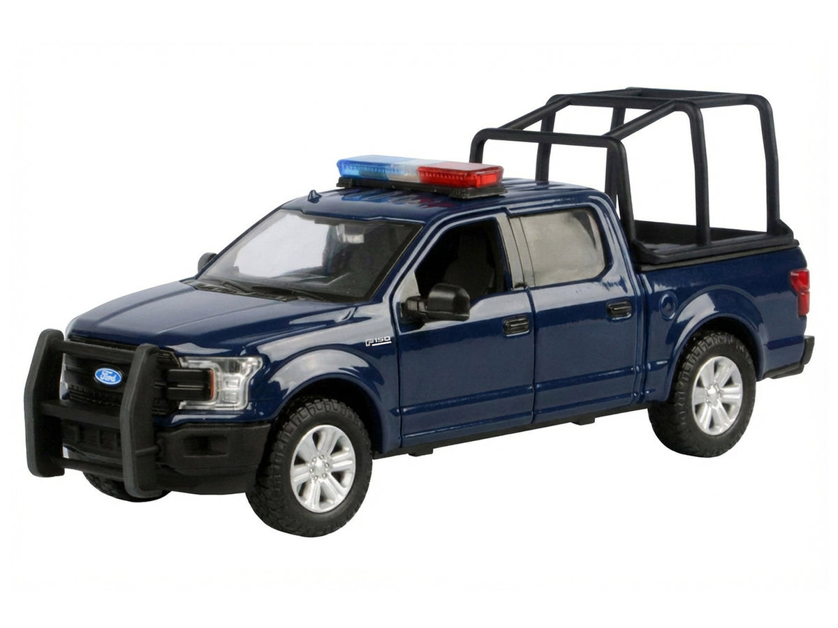 2019 Ford F-150 Lariat Crew Cab Pickup Truck with Bed Cage Dark Blue with Flashing Light Bar and Front and Rear Lights and Sounds 1/24-1/27 Diecast Model Car