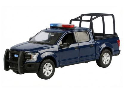 2019 Ford F-150 Lariat Crew Cab Pickup Truck with Bed Cage Dark Blue with Flashing Light Bar and Front and Rear Lights and Sounds 1/24-1/27 Diecast Model Car