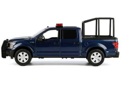 2019 RAM 1500 Laramie Crew Cab Pickup Truck with Bed Cage Dark Blue with Flashing Light Bar and Front and Rear Lights and Sounds 1/24-1/27 Diecast Model Car
