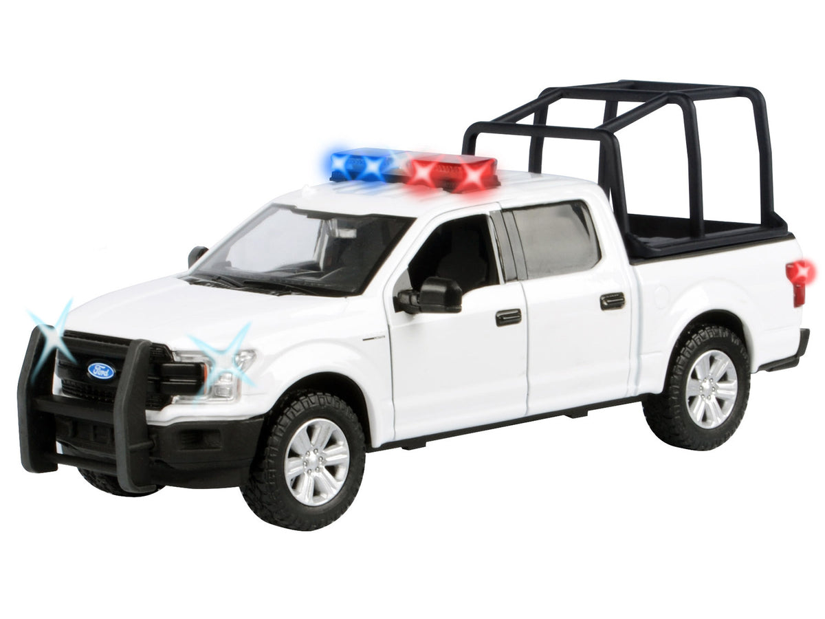 2019 Ford F-150 Lariat Crew Cab Pickup Truck with Bed Cage White with Flashing Light Bar and Front and Rear Lights and Sounds 1/24-1/27 Diecast Model Car
