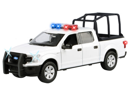 2019 Ford F-150 Lariat Crew Cab Pickup Truck with Bed Cage White with Flashing Light Bar and Front and Rear Lights and Sounds 1/24-1/27 Diecast Model Car