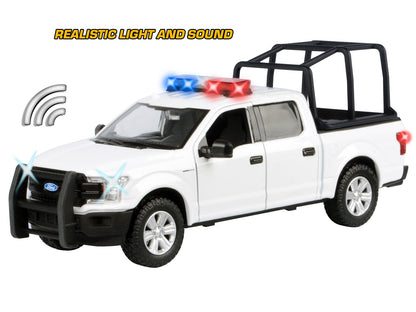 2019 Ford F-150 Lariat Crew Cab Pickup Truck with Bed Cage White with Flashing Light Bar and Front and Rear Lights and Sounds 1/24-1/27 Diecast Model Car