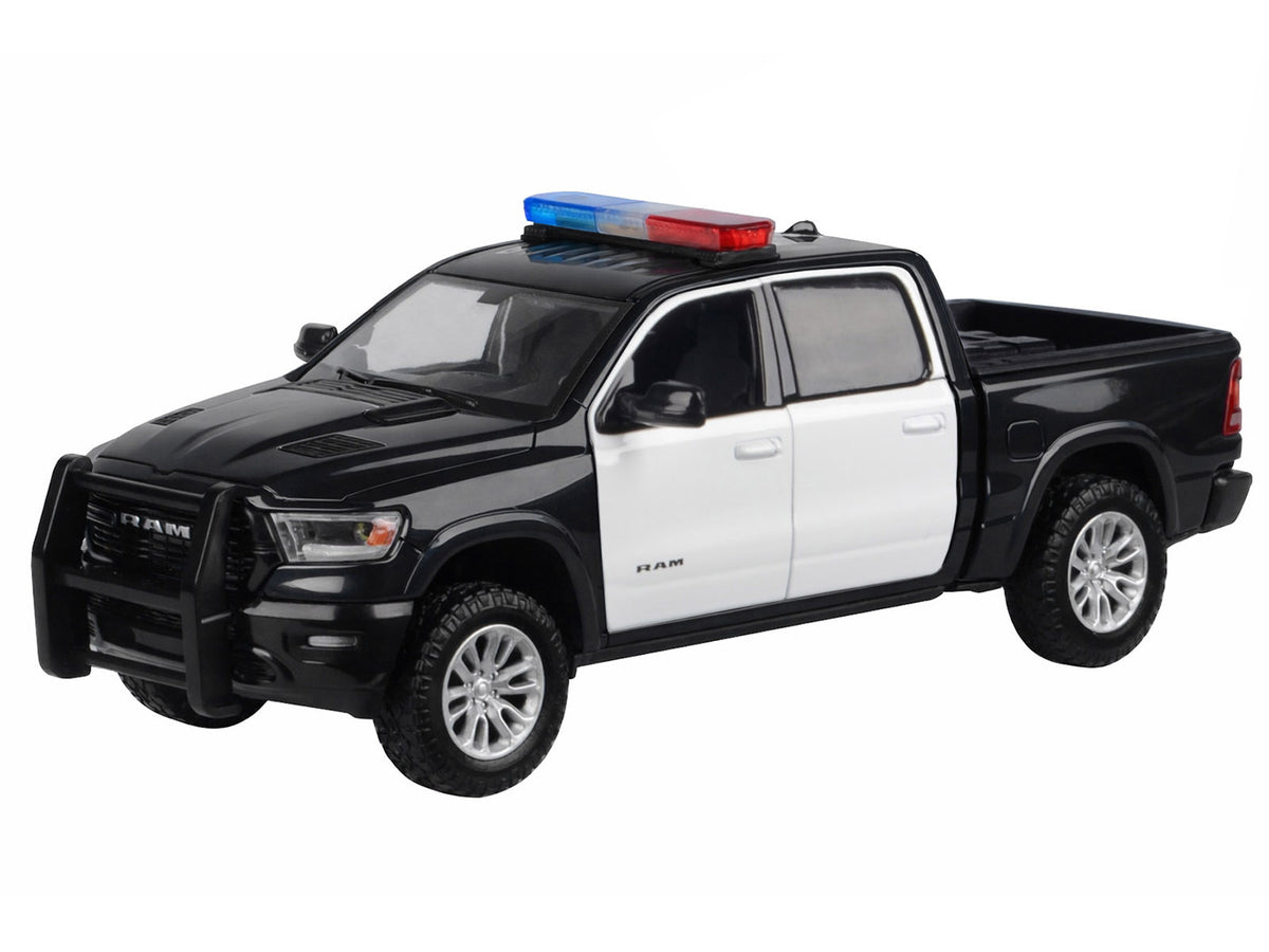 2019 RAM 1500 Laramie Crew Cab Pickup Truck Black and White with Flashing Light Bar and Front and Rear Lights and Sounds 1/24-1/27 Diecast Model Car