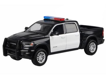 2019 RAM 1500 Laramie Crew Cab Pickup Truck Black and White with Flashing Light Bar and Front and Rear Lights and Sounds 1/24-1/27 Diecast Model Car