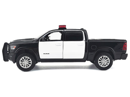 2019 RAM 1500 Laramie Crew Cab Pickup Truck Black and White with Flashing Light Bar and Front and Rear Lights and Sounds 1/24-1/27 Diecast Model Car