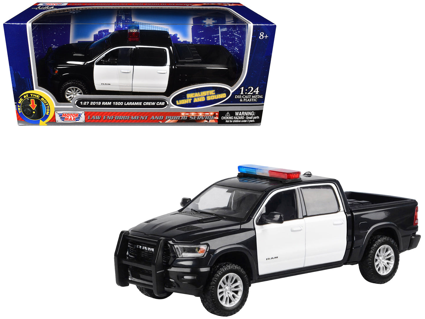 2019 RAM 1500 Laramie Crew Cab Pickup Truck Black and White with Flashing Light Bar and Front and Rear Lights and Sounds 1/27 Diecast Model Car