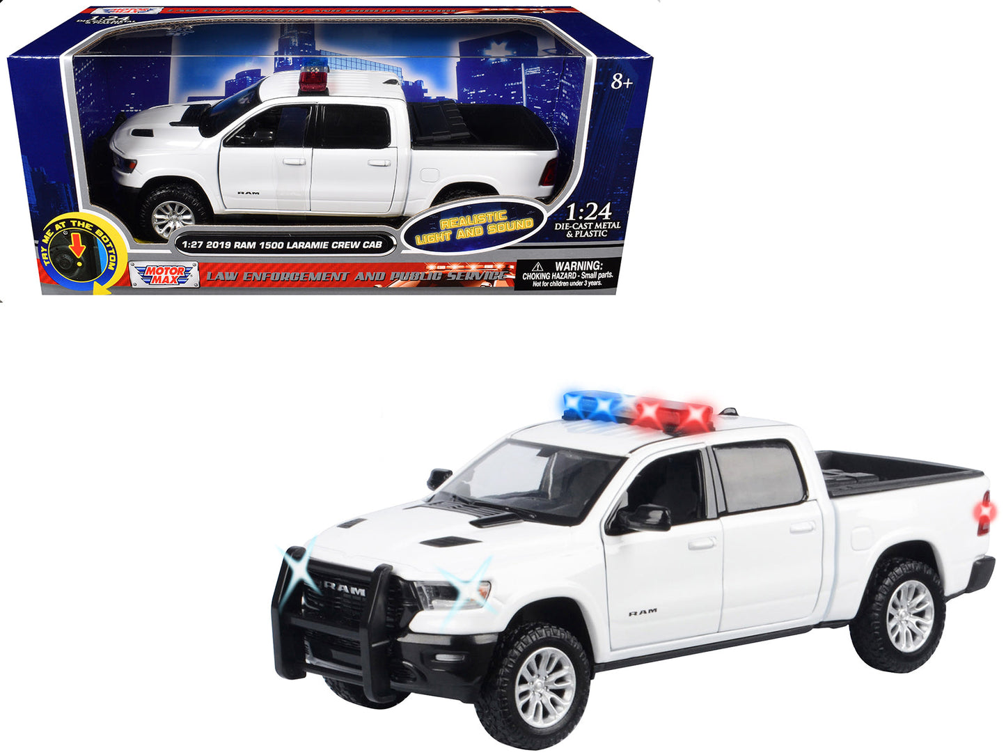 2019 RAM 1500 Laramie Crew Cab Pickup Truck White with Flashing Light Bar and Front and Rear Lights and Sounds 1/27 Diecast Model Car