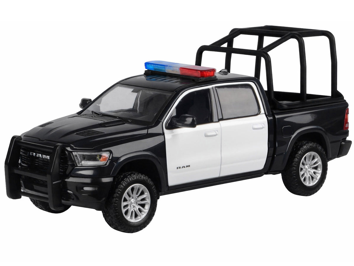 2019 RAM 1500 Laramie Crew Cab Pickup Truck with Bed Cage Black and White with Flashing Light Bar and Front and Rear Lights and Sounds 1/24-1/27 Diecast Model Car