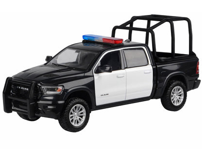2019 RAM 1500 Laramie Crew Cab Pickup Truck with Bed Cage Black and White with Flashing Light Bar and Front and Rear Lights and Sounds 1/24-1/27 Diecast Model Car