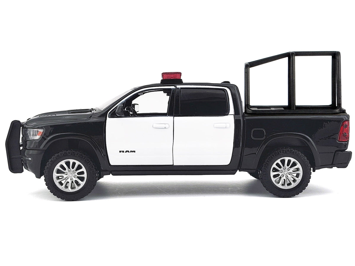2019 RAM 1500 Laramie Crew Cab Pickup Truck with Bed Cage Black and White with Flashing Light Bar and Front and Rear Lights and Sounds 1/24-1/27 Diecast Model Car