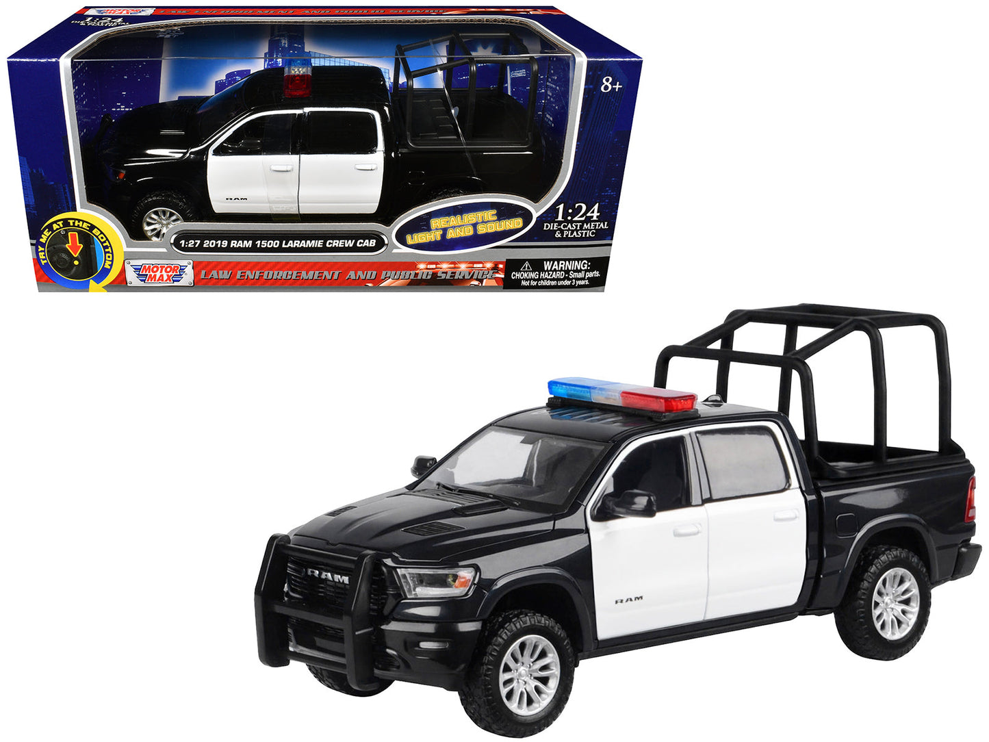 2019 RAM 1500 Laramie Crew Cab Pickup Truck with Bed Cage Black and White with Flashing Light Bar and Front and Rear Lights and Sounds 1/27 Diecast Model Car