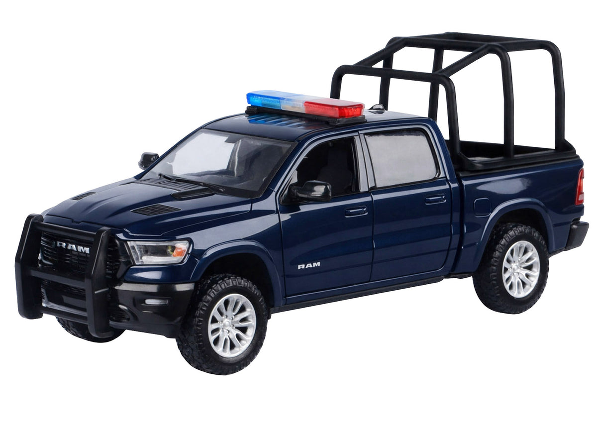 2019 RAM 1500 Laramie Crew Cab Pickup Truck with Bed Cage Dark Blue with Flashing Light Bar and Front and Rear Lights and Sounds 1/24-1/27 Diecast Model Car