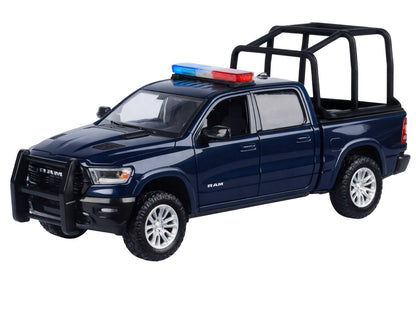 2019 RAM 1500 Laramie Crew Cab Pickup Truck with Bed Cage Dark Blue with Flashing Light Bar and Front and Rear Lights and Sounds 1/24-1/27 Diecast Model Car