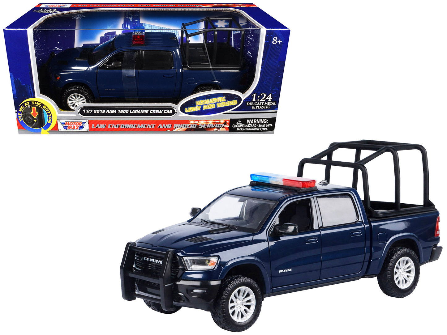 2019 RAM 1500 Laramie Crew Cab Pickup Truck with Bed Cage Dark Blue with Flashing Light Bar and Front and Rear Lights and Sounds 1/27 Diecast Model Car