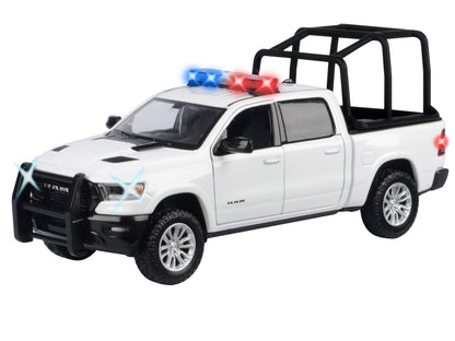2019 RAM 1500 Laramie Crew Cab Pickup Truck with Bed Cage White with Flashing Light Bar and Front and Rear Lights and Sounds 1/24-1/27 Diecast Model Car