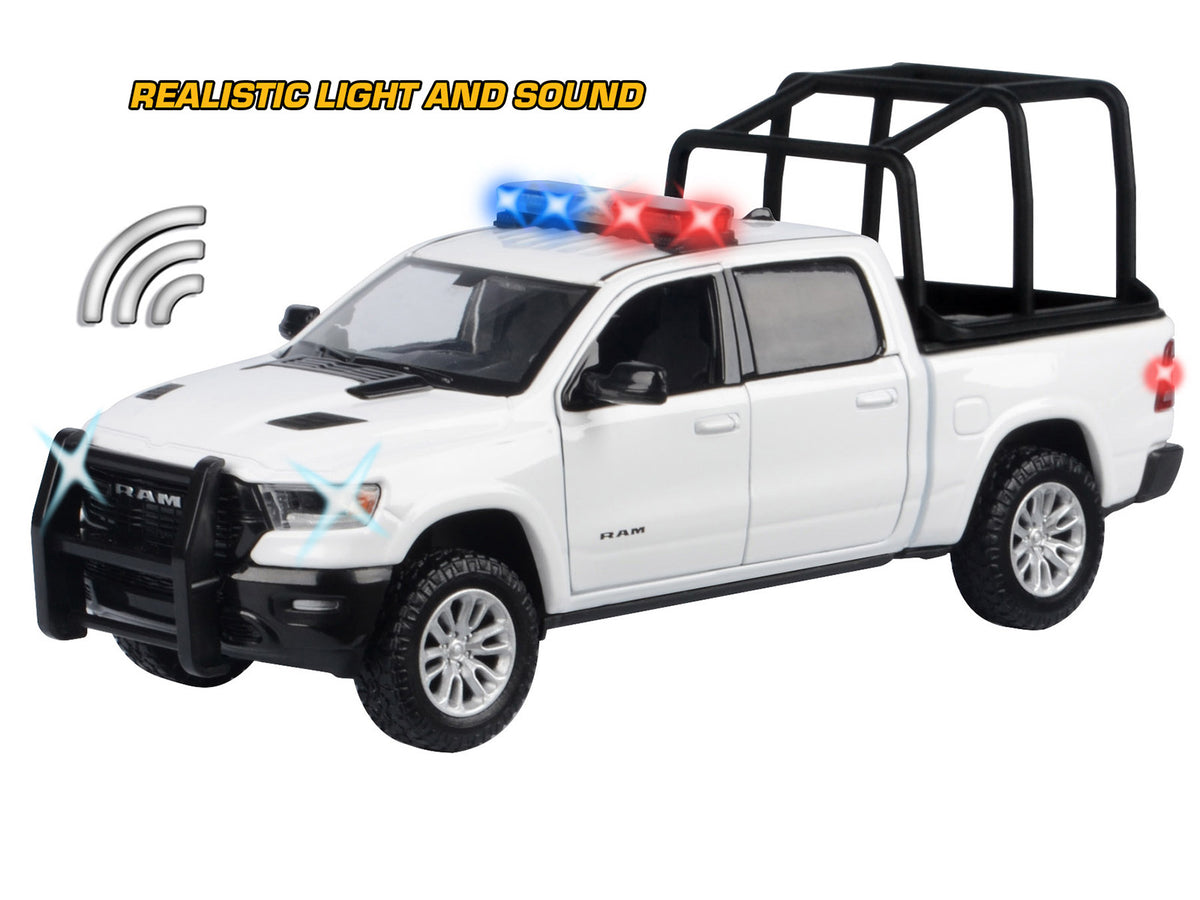 2019 RAM 1500 Laramie Crew Cab Pickup Truck with Bed Cage White with Flashing Light Bar and Front and Rear Lights and Sounds 1/24-1/27 Diecast Model Car