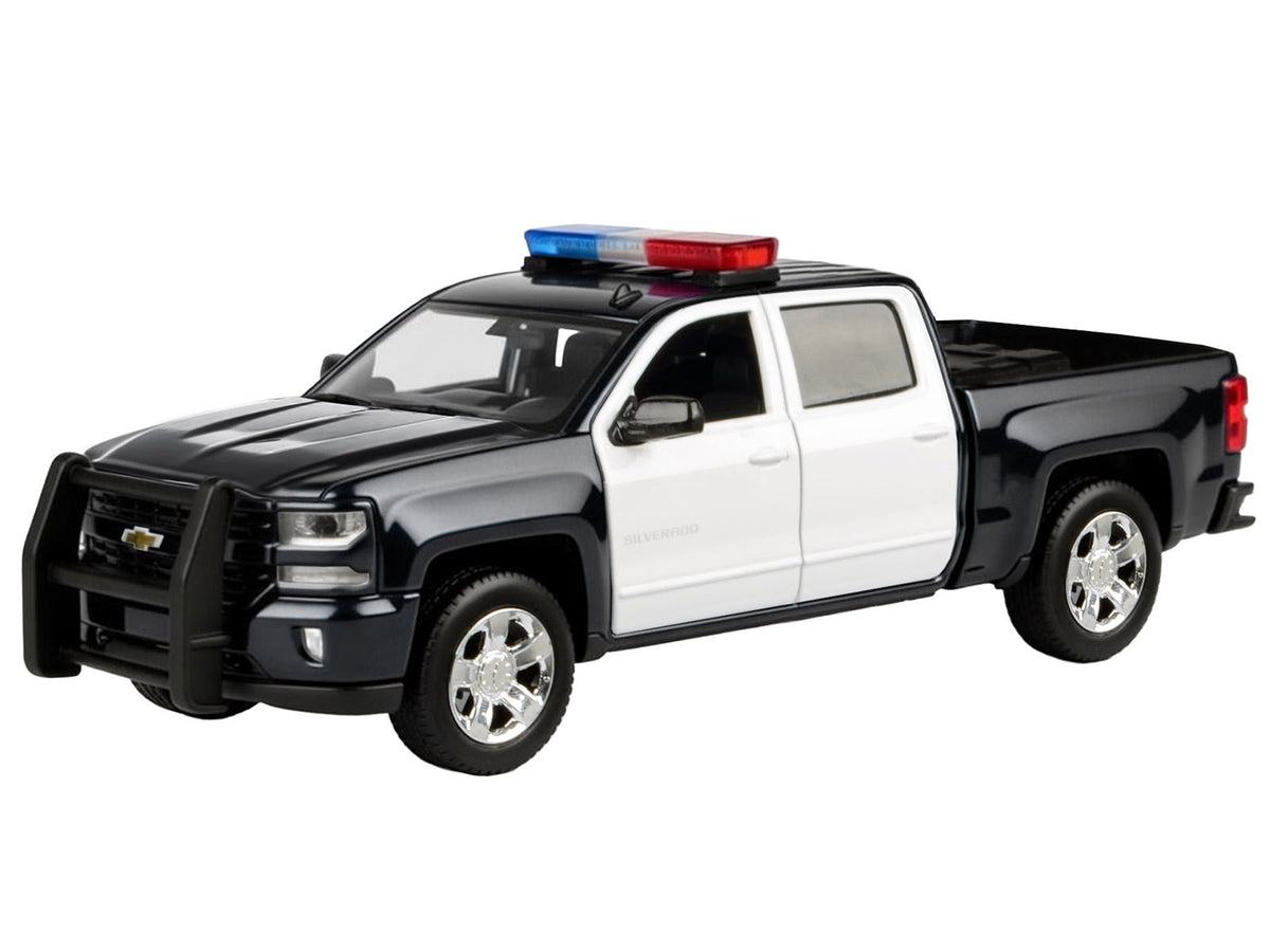 2017 Chevrolet Silverado 1500 LT Z71 Crew Cab Pickup Truck Black and White with Flashing Light Bar and Front and Rear Lights and Sounds 1/24-1/27 Diecast Model Car