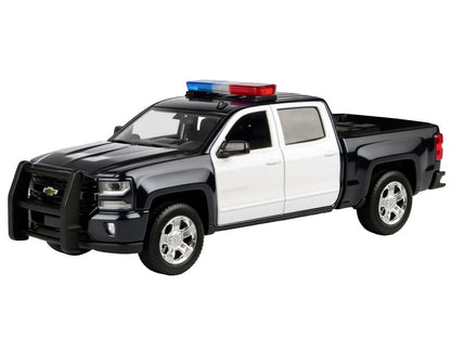 2017 Chevrolet Silverado 1500 LT Z71 Crew Cab Pickup Truck Black and White with Flashing Light Bar and Front and Rear Lights and Sounds 1/24-1/27 Diecast Model Car