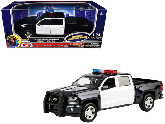 2017 Chevrolet Silverado 1500 LT Z71 Crew Cab Pickup Truck Black and White with Flashing Light Bar and Front and Rear Lights and Sounds 1/27 Diecast Model Car