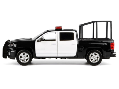 2017 Chevrolet Silverado 1500 LT Z71 Crew Cab Pickup Truck with Bed Cage Black and White with Flashing Light Bar and Front and Rear Lights and Sounds 1/24-1/27 Diecast Model Car
