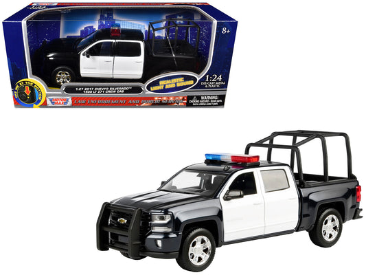 2017 Chevrolet Silverado 1500 LT Z71 Crew Cab Pickup Truck with Bed Cage Black and White with Flashing Light Bar and Front and Rear Lights and Sounds 1/27 Diecast Model Car