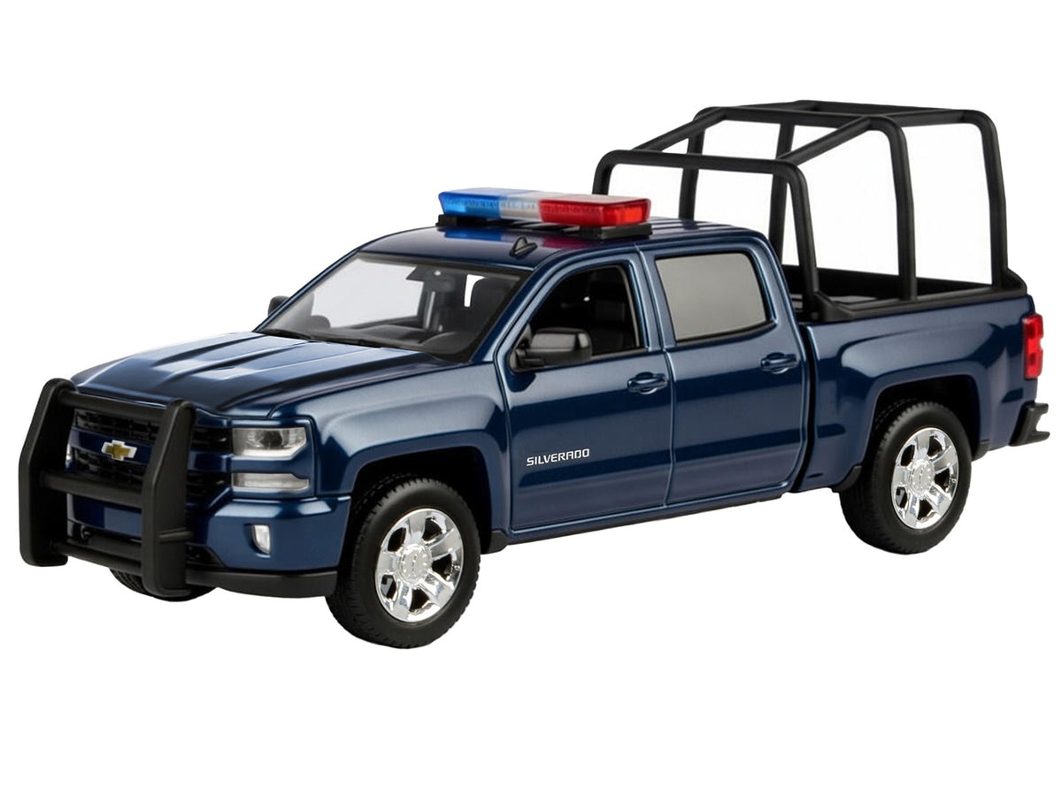 2017 Chevrolet Silverado 1500 LT Z71 Crew Cab Pickup Truck with Bed Cage Dark Blue with Flashing Light Bar and Front and Rear Lights and Sounds 1/24-1/27 Diecast Model Car