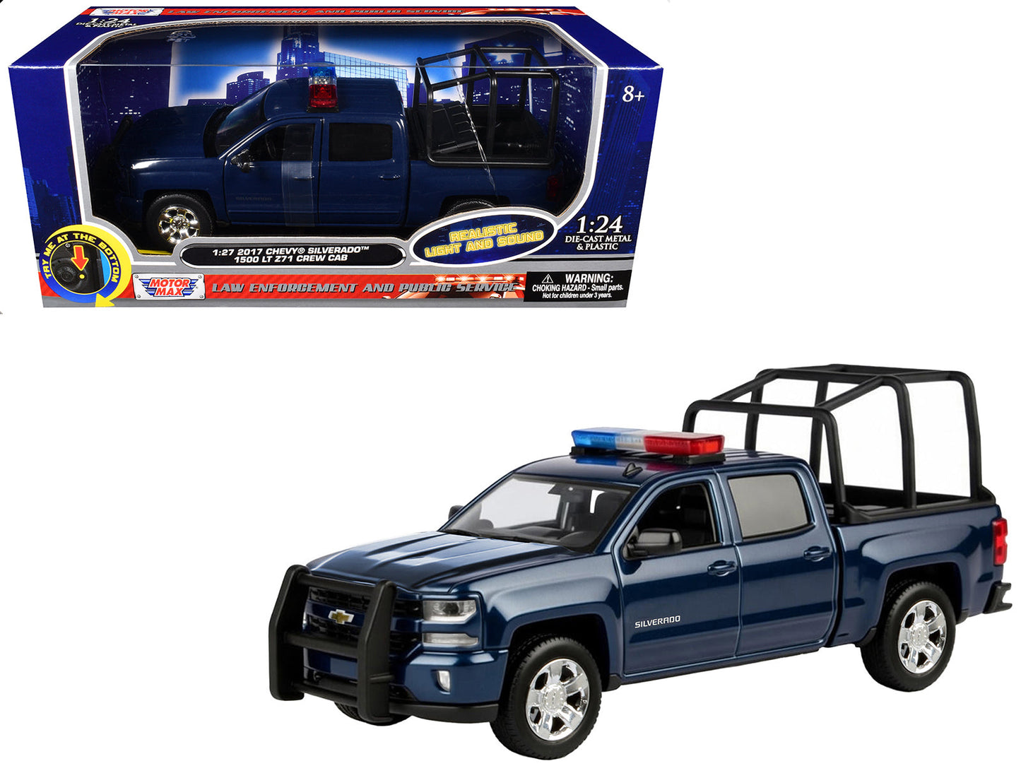 2017 Chevrolet Silverado 1500 LT Z71 Crew Cab Pickup Truck with Bed Cage Dark Blue with Flashing Light Bar and Front and Rear Lights and Sounds 1/27 Diecast Model Car