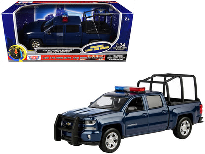 2017 Chevrolet Silverado 1500 LT Z71 Crew Cab Pickup Truck with Bed Cage Dark Blue with Flashing Light Bar and Front and Rear Lights and Sounds 1/24-1/27 Diecast Model Car