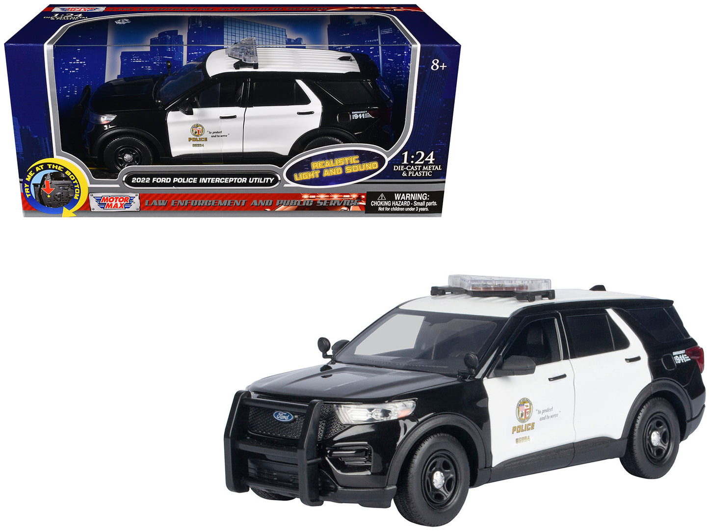 2022 Ford Police Interceptor Utility Black and White "Los Angeles Police Department (LAPD)" with Flashing Light Bar and Front and Rear Lights and Sounds 1/24 Diecast Model Car