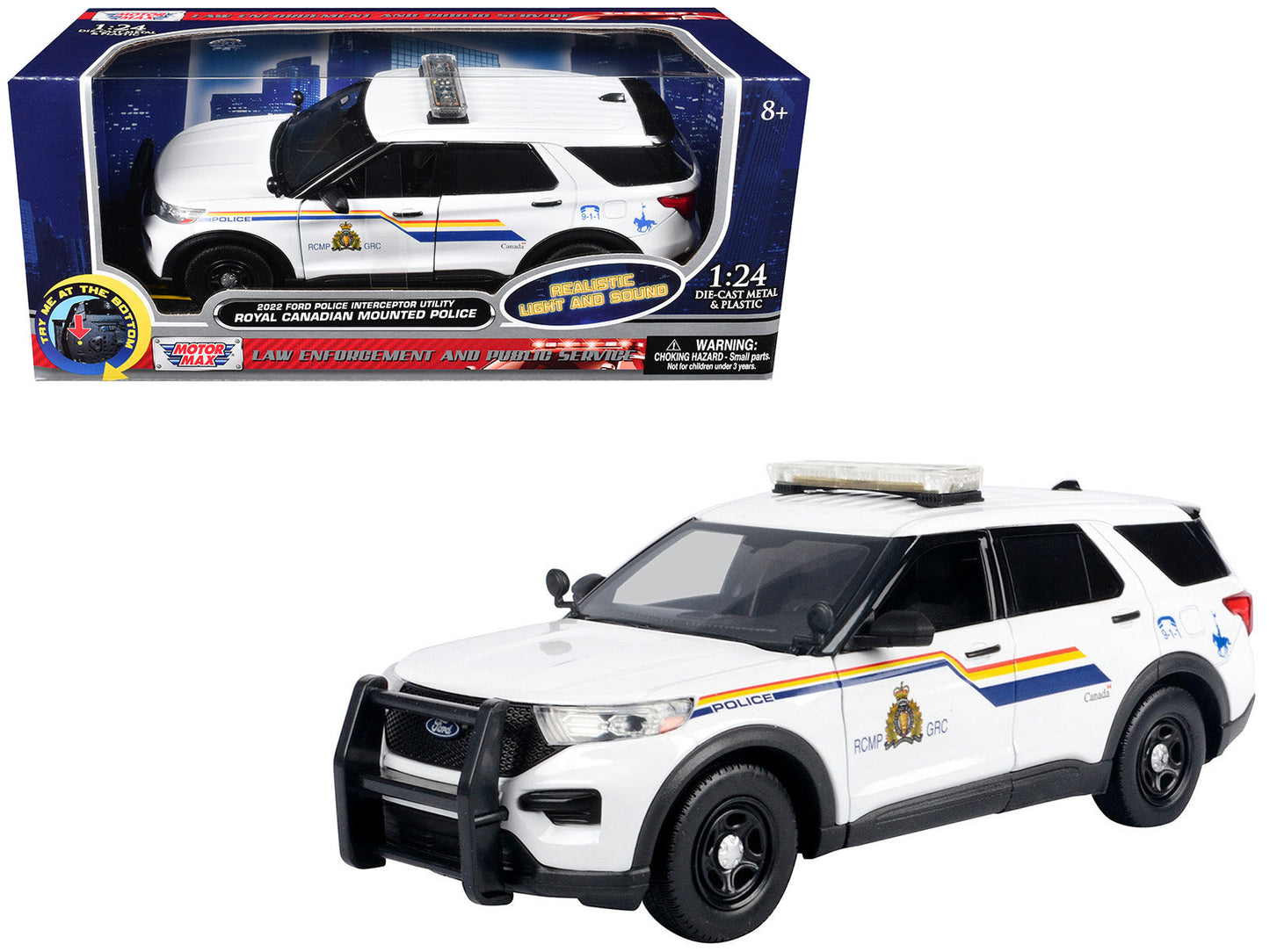2022 Ford Police Interceptor Utility White "Royal Canadian Mounted Police (RCMP)" with Flashing Light Bar and Front and Rear Lights and Sounds 1/24 Diecast Model Car