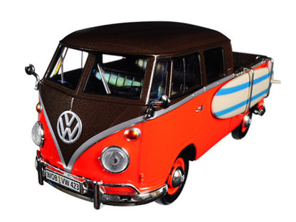 Volkswagen Type 2 (T1) Pickup with Surfboard Brown and Orange 1/24 Diecast Model Car