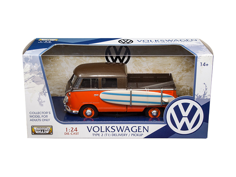 Volkswagen Type 2 (T1) Pickup with Surfboard Brown and Orange 1/24 Diecast Model Car