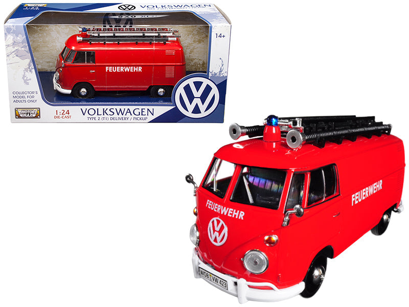 Volkswagen Type 2 (T1) Fire Van "Feuerwehr" Red 1/24 Diecast Model Car