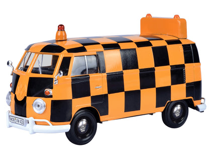 Volkswagen Type 2 (T1) Airport Runway Delivery Van Black and Orange Checkered 1/24 Diecast Model Car