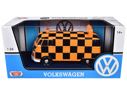 Volkswagen Type 2 (T1) Airport Runway Delivery Van Black and Orange Checkered 1/24 Diecast Model Car