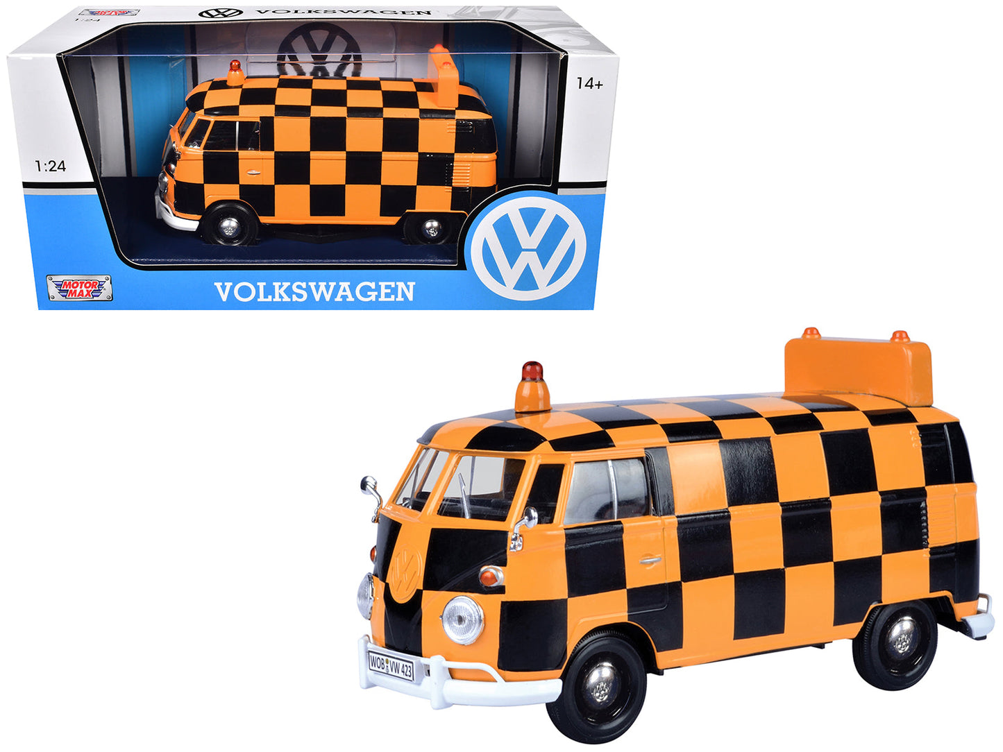 Volkswagen Type 2 (T1) Airport Runway Delivery Van Black and Orange Checkered 1/24 Diecast Model Car