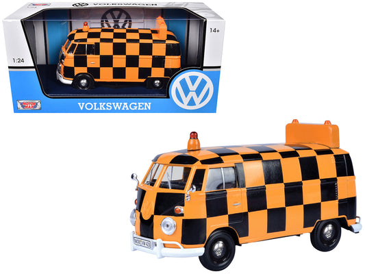 Volkswagen Type 2 (T1) Airport Runway Delivery Van Black and Orange Checkered 1/24 Diecast Model Car