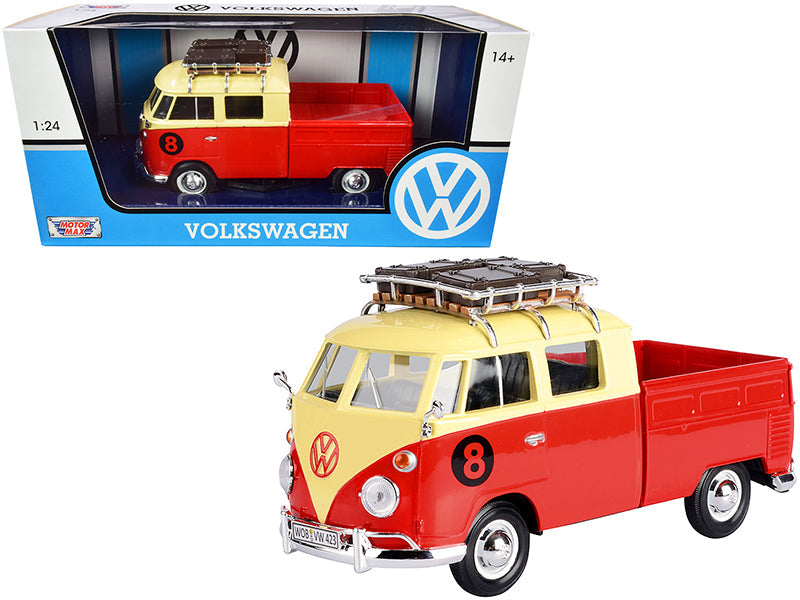 Volkswagen Type 2 (T1) #8 Pickup Truck with Roof Rack and Luggage Red and Yellow 1/24 Diecast Model Car