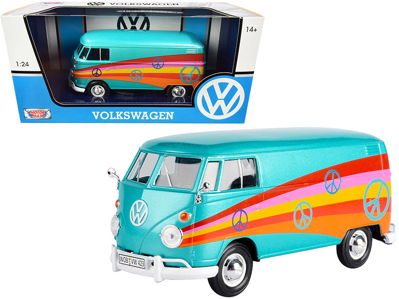 Volkswagen Type 2 (T1) Delivery Van "Peace" Turquoise Metallic 1/24 Diecast Model Car
