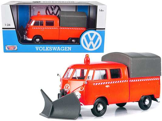 Volkswagen Type 2 (T1) Pickup Truck Orange with Snow Plow and Camper Shell 1/24 Diecast Model Car