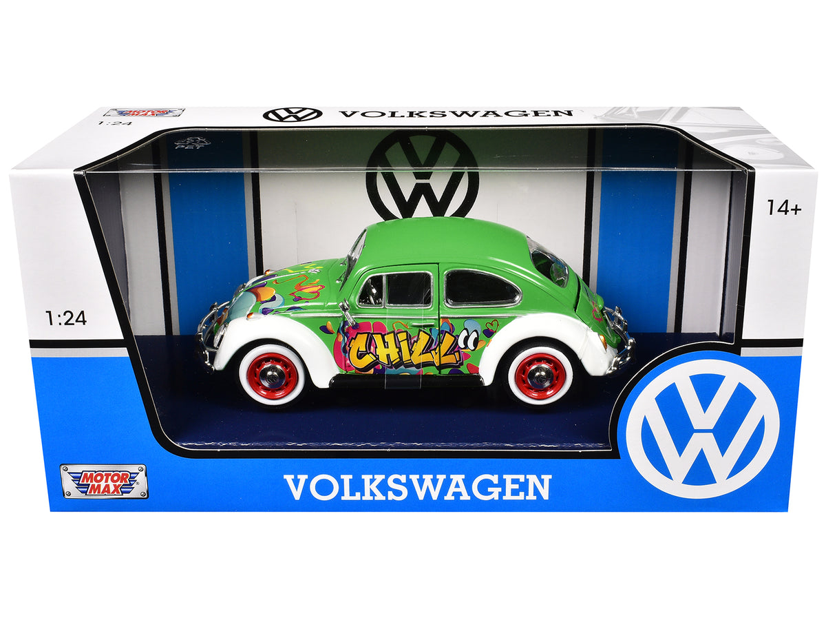 1966 Volkswagen Beetle Green with Graffiti Graphics 1/24 Diecast Model Car
