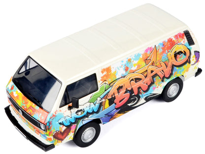 Volkswagen Type 2 (T3) Van White Metallic with Graffiti Graphics 1/24 Diecast Model Car