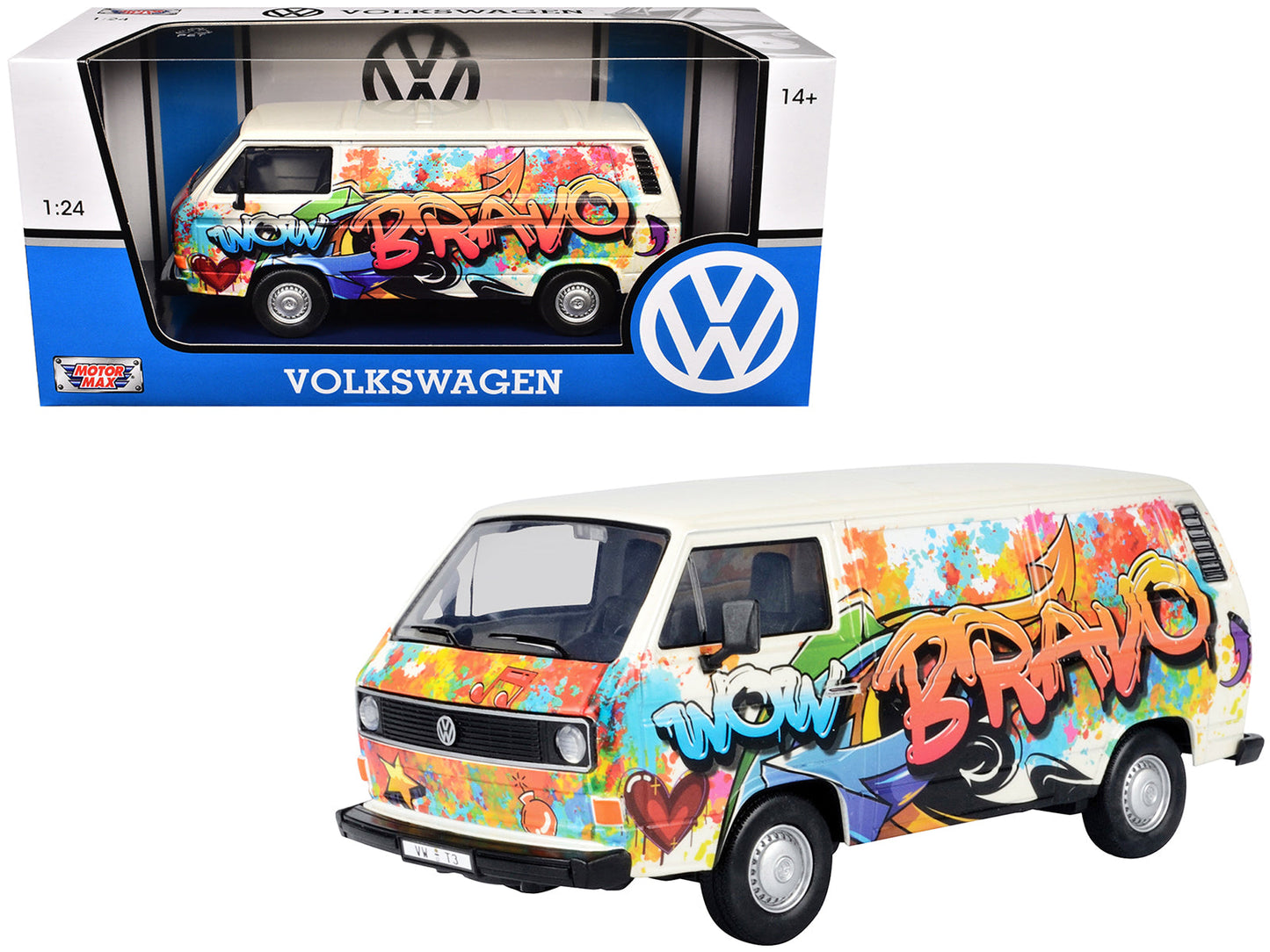 Volkswagen Type 2 (T3) Van White Metallic with Graffiti Graphics 1/24 Diecast Model Car