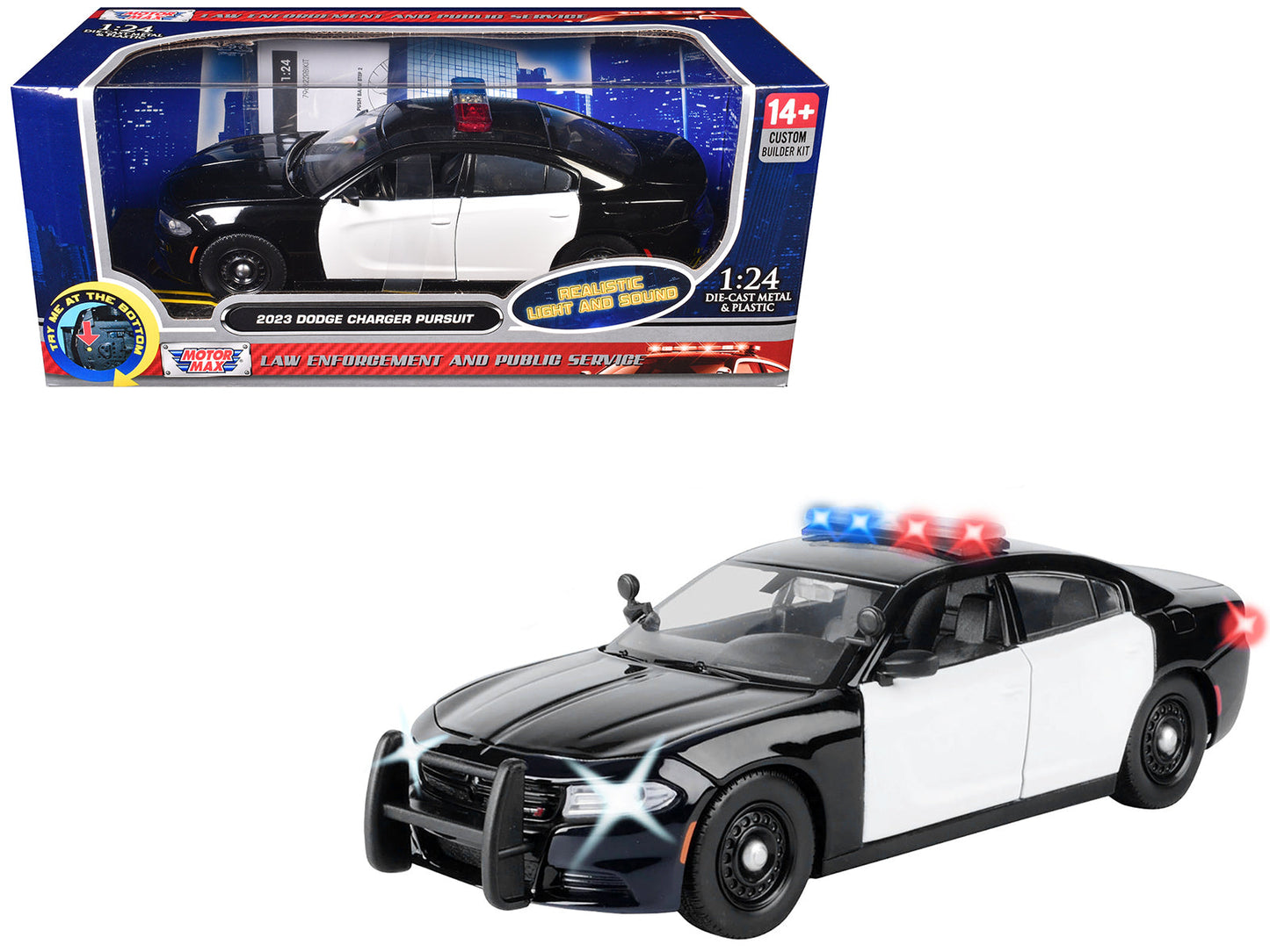 2023 Dodge Charger Pursuit Police Car Black and White with Flashing Light Bar Front and Rear Lights and 2 Sounds "Builder's Kit" 1/24 Diecast Model Car