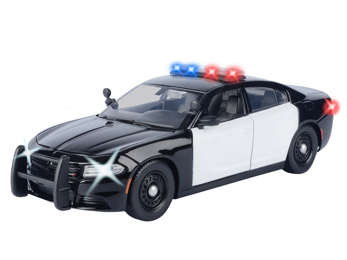 2023 Dodge Charger Pursuit Police Car Black and White with Flashing Light Bar Front and Rear Lights and 2 Sounds "Builder's Kit" 1/24 Diecast Model Car
