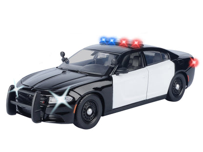 2023 Dodge Charger Pursuit Police Car Black and White with Flashing Light Bar Front and Rear Lights and 2 Sounds "Builder's Kit" 1/24 Diecast Model Car
