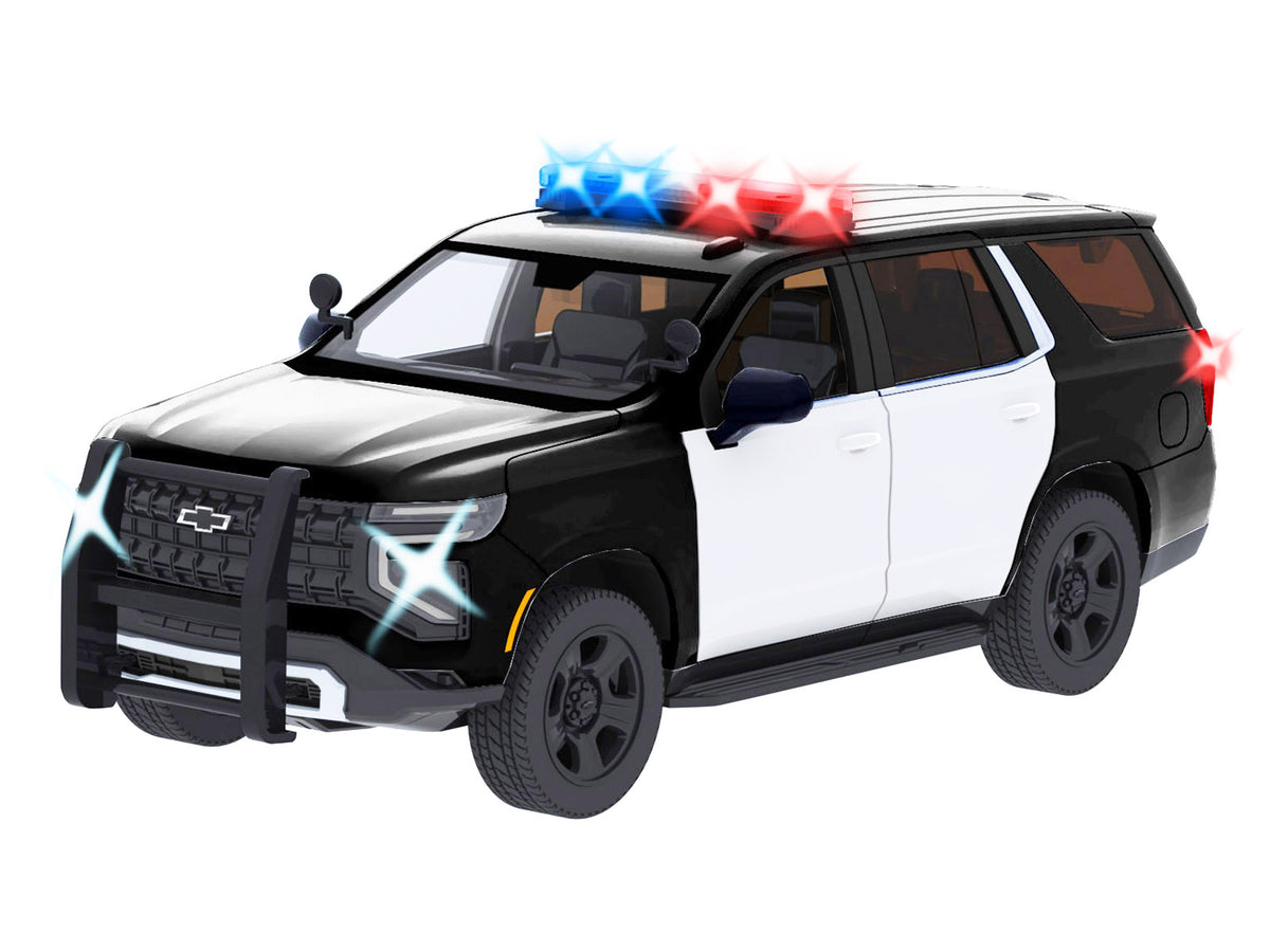 2025 Chevrolet Tahoe PPV Black and White "Builder's Kit" with Flashing Light Bar and Front and Rear Lights and Sounds 1/24 Diecast Model Car