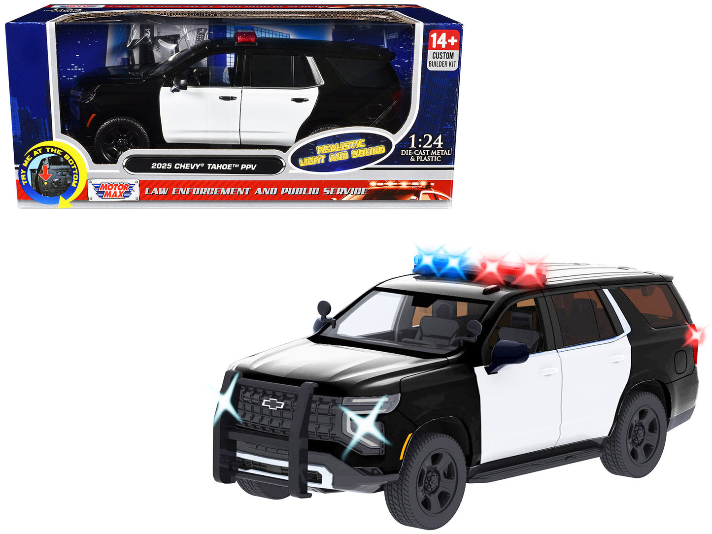 2025 Chevrolet Tahoe PPV Black and White "Builder's Kit" with Flashing Light Bar and Front and Rear Lights and Sounds 1/24 Diecast Model Car