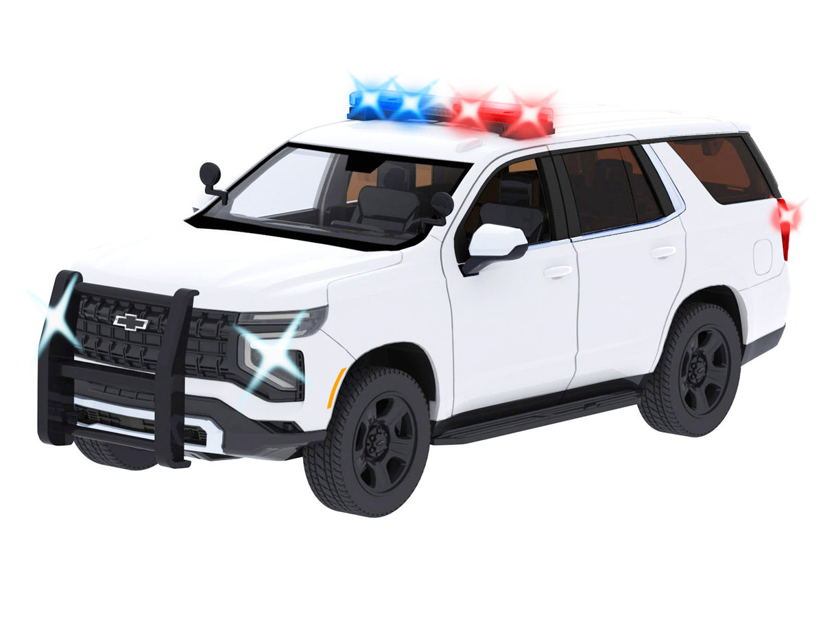2025 Chevrolet Tahoe PPV White "Builder's Kit" with Flashing Light Bar and Front and Rear Lights and Sounds 1/24 Diecast Model Car